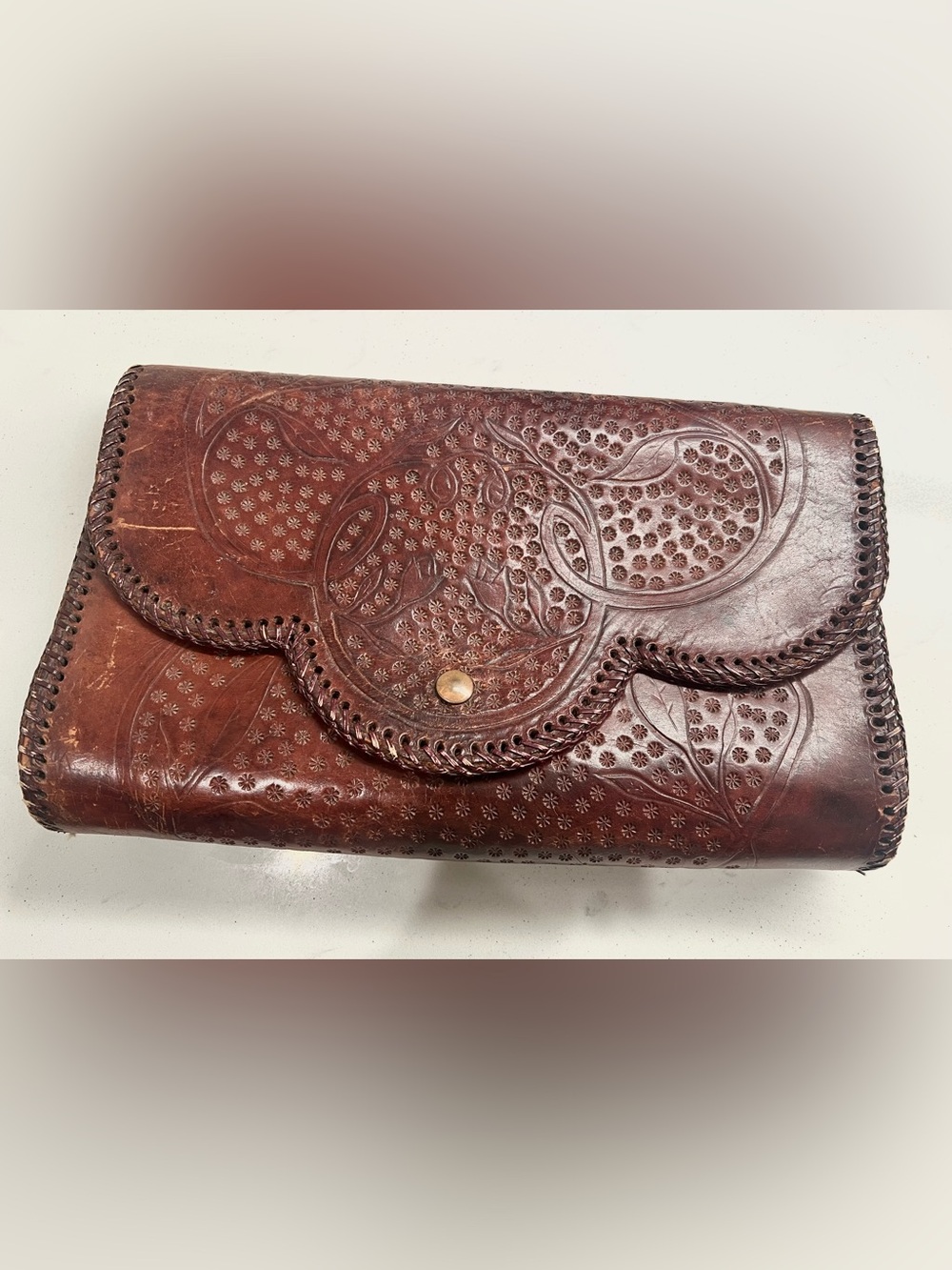 Vintage Hand Tooled Leather Clutch Boho Floral Southwestern 70s Handmade